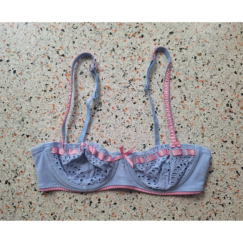 Felina Lingerie Eyelet Balconette Bra Pink Gingham Ribbon 34B